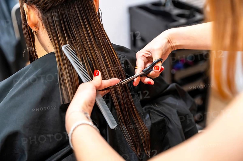 Stylist trims long wet brown hair with scissors and comb in a modern salon, delivering a precise fresh haircut and polished new look for a female client