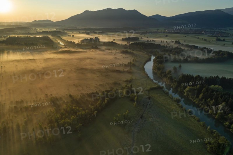 Aerial view of a moor landscape with river in front of mountains, morning light, backlight, view of Zwiesel, Loisach, Alpine foothills, Bavaria, Germany