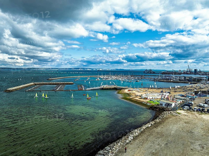 Sailboats on Portland Branch RNSA Moorings from a drone, Portland Harbour and Marina, Portland, Dorset, England, United Kingdom