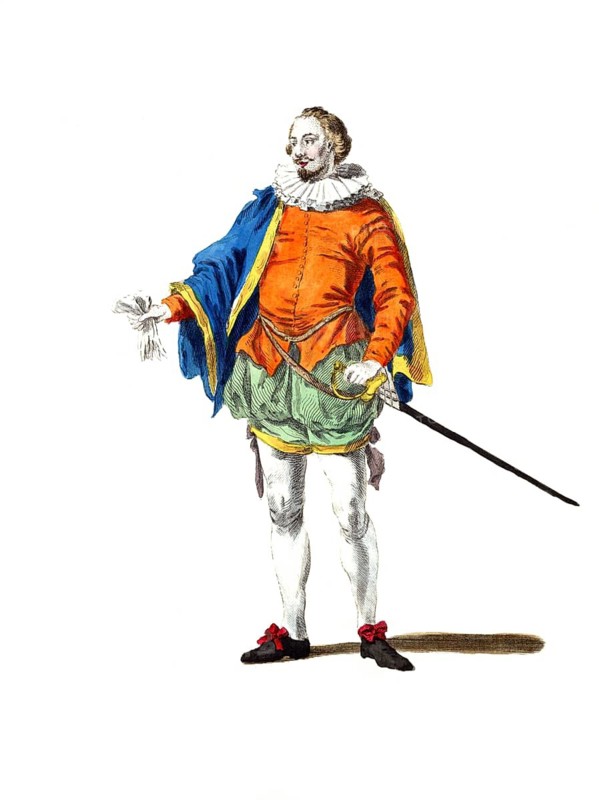 Historical clothing, fashion in the course of time, clothing style of a distinguished gentleman from England in 1559, digitally restored reproduction of a model from the 18th/19th century, exact date unknown, man in Renaissance clothing with frilled collar, cloak and sword