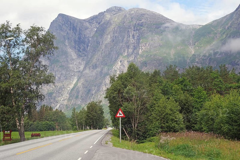 Empty country road surrounded by high mountains and green trees under cloudy sky, Raumadalen, Trollvegen, Andalsnes, Norway