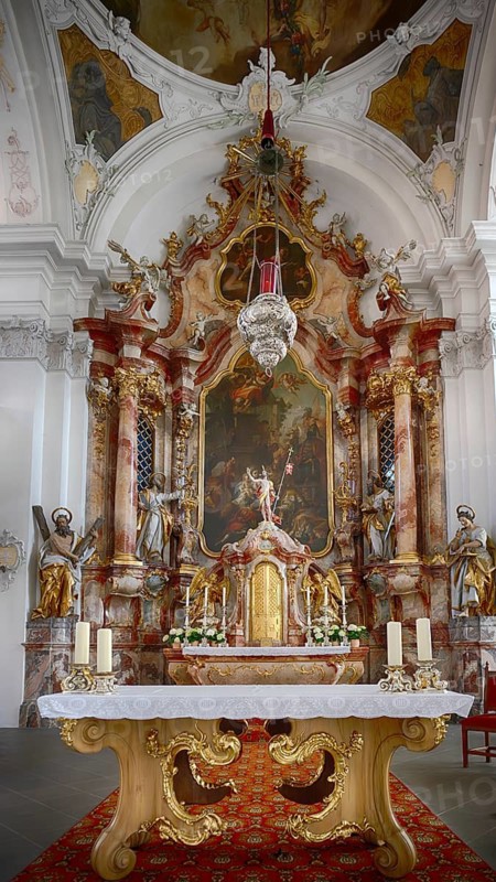 Interior view, altarpiece of the high altar The Adoration of the Magi, altar, Our Lady Cathedral, also collegiate church, Lindau, Bavaria, Lake Constance, Germany