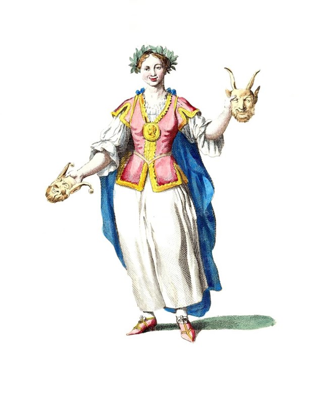 Historical clothing, fashion over time, woman, symbolically as Thalia, in Greek mythology one of the nine muses, digitally restored reproduction of a model from the 18th/19th century, exact date unknown, woman with wreath holding two masks in her hands