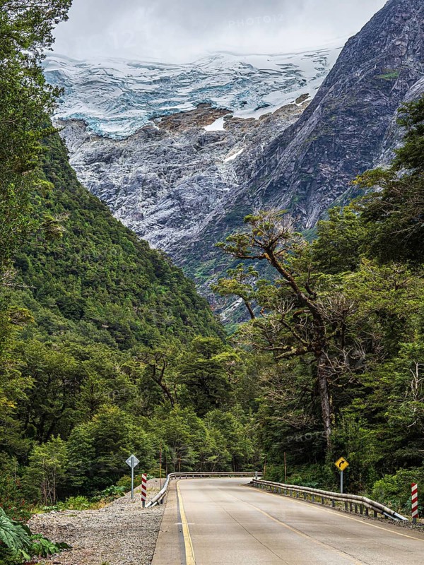 Road Carretera Austral south of Puyuhuapi, glacier above rain forest, Patagonia, Chile