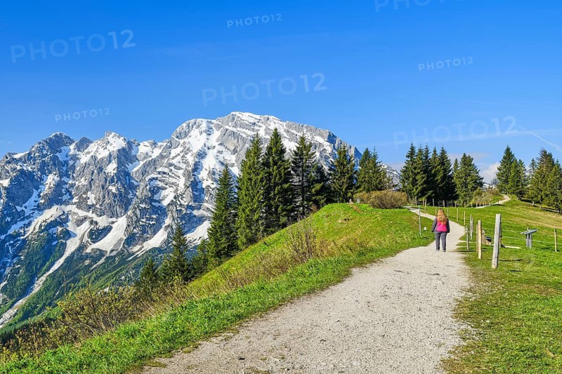 Hoher Göll with hiker in the foreground, Roßfeld Panoramastraße, Roßfeld, Berchtesgaden, Bavaria, Germany