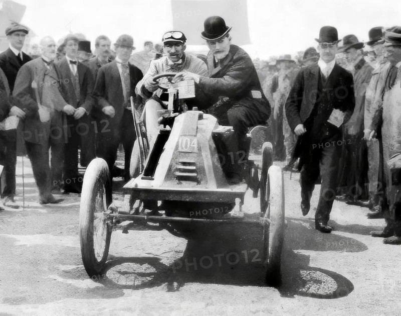 Louis Renault in his Voiturette racing car at the Paris-Berlin race in 1901, digitally edited based on a historical illustration