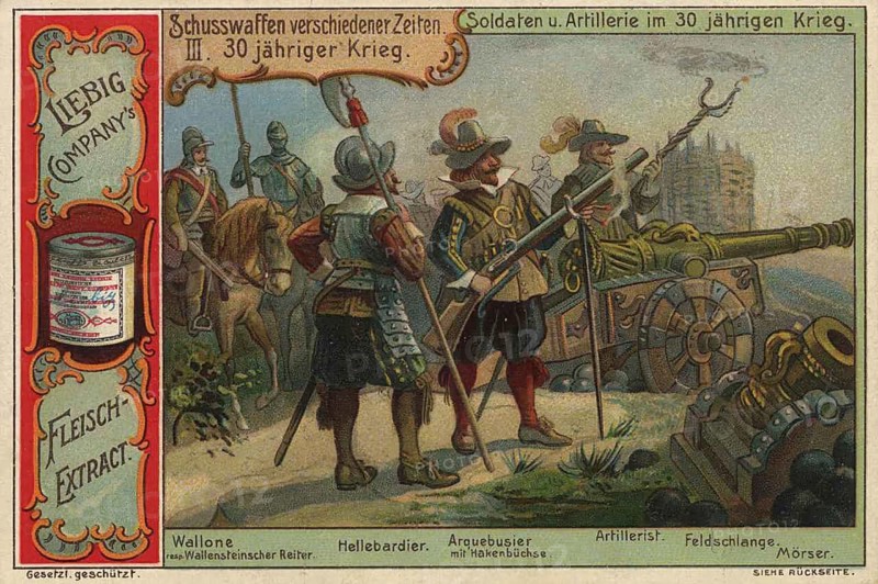 Series of pictures of firearms from various periods, soldiers and artillery from the time of the Thirty Years' War (1618-1648), Liebig picture, digitally restored reproduction of a collector's picture from around 1900, exact date unknown