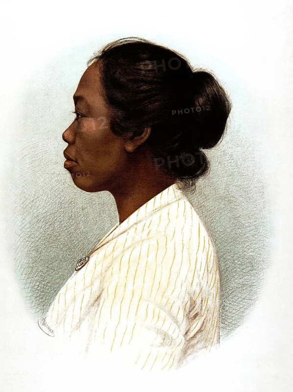 Woman from Java, Javanese, around 1900, dark-skinned woman with a raised hairstyle in profile, school picture, illustration, reproduction from a model from the 19th century. School picture, mural, authentic, file restored for optimal use, exact date of original unknown, historical