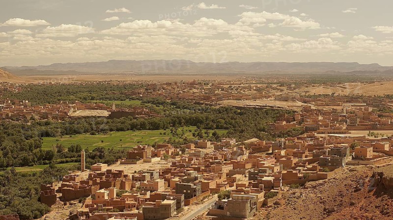 Extensive green oasis, landscape with settlements, several clay villages in a desert region with fields and mountains, Morocco