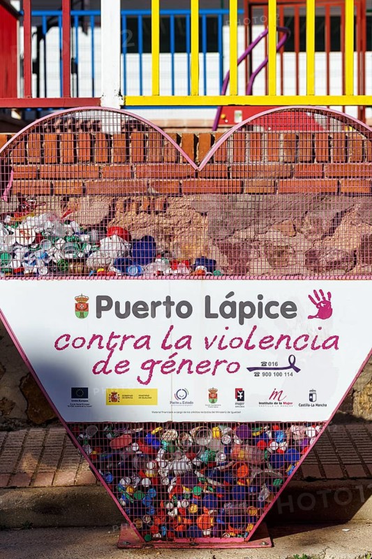 Heart shaped container for plastic caps, bottle caps, plastic bottles, recycling, sign with inscription, support for victims of domestic violence, Puerto Lapice, Castile-La Mancha, Spain