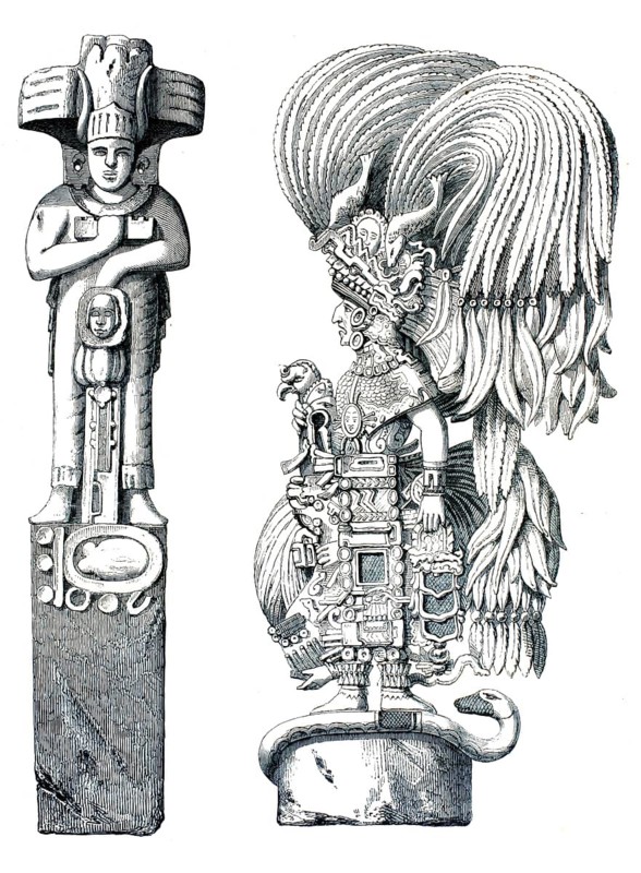 Historical engravings of two important monumental stone structures of the pre-Columbian Mayan civilization from the ruined city of Copan, 1860, authentic, high-resolution reproduction from a 19th century model, exact date of depiction unknown, historical