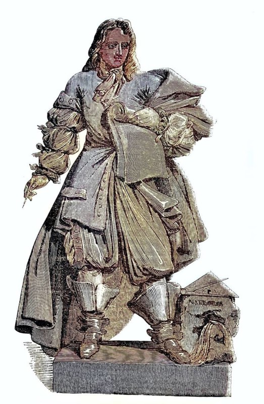 Pierre-Paul Riquet, Baron of Bonrepos (1609–1680), builder of the Canal du Midi in the 17th century. The statue depicts him in 17th-century attire, holding the plans for the canal in his hands. At his feet is a symbolic culvert or a model of a lock, illustration, reproduction of a 19th-century original. Authentic, file restored for optimal use, exact date of the original unknown, historical, nostalgically coloured