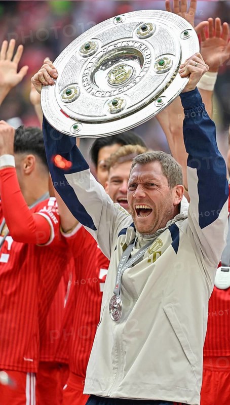 Goalkeeper coach Michael Rechner FC Bayern Munich FCB championship cup, cup, trophy, championship ceremony German soccer champions FC Bayern Munich 2026, soccer Bundesliga, Allianz Arena, Munich, Bayern, Germany