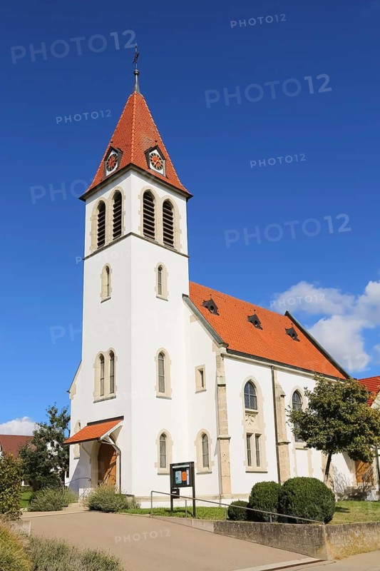 Evangelical Lutheran Church, St Paul's Church, church, sacred building, church tower, clock, Stockach, municipality of Gomaringen, district of Tübingen, Baden-Württemberg, Germany
