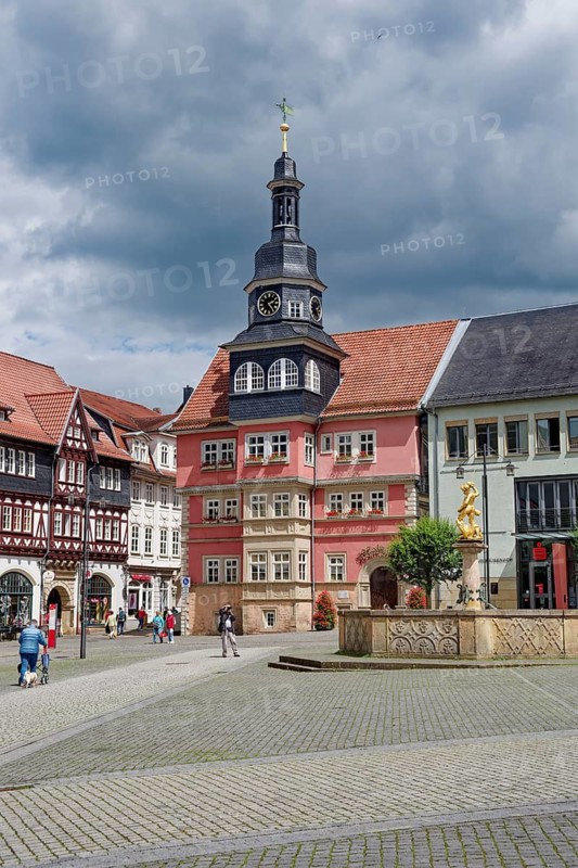 Market square with council pharmacy, town hall and Georgsbrunnen, Eisenach, Thuringian Forest, Thuringia, Germany
