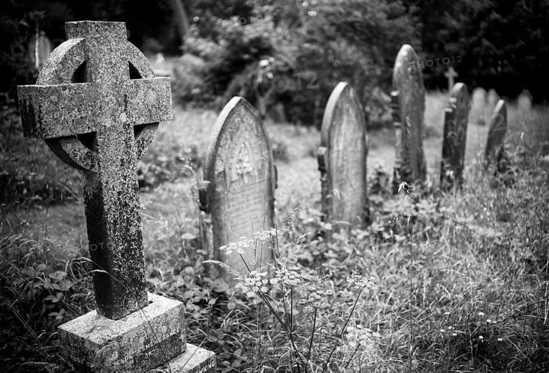 Weathered graves, tombstones, Celtic grave cross, municipal cemetery, Falmouth, Cornwall, black and white, England, Great Britain, Great Britain
