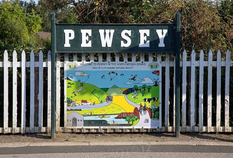 Welcome sign to Pewsey, North Wessex Downs, Pewsey railway station, Wiltshire, England, UK