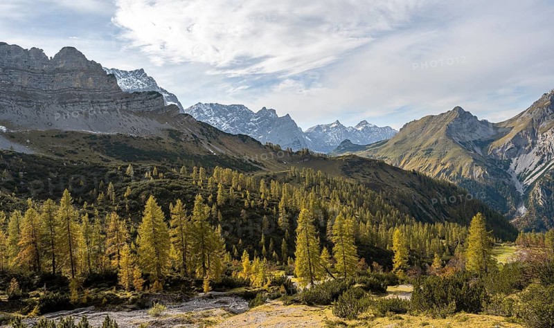 Mountain panorama with steep rocky peaks, yellow-coloured larches in autumn, hike to the summit of the Hahnkampl, Engtal, Karwendel, Tyrol, Austria