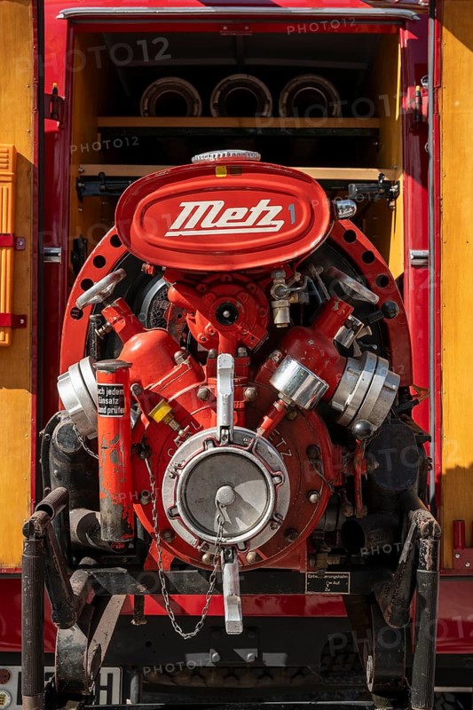 Historic Metz portable injection from the 1950's, 1960s on a fire engine, Karlsruhe, Baden-Württemberg, Germany