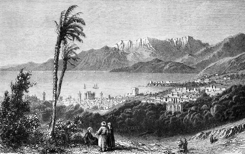 Bird's eye view over Beirut on the Mediterranean, cityscape, surrounding mountain landscape, minarets, ships, people, palm tree, vegetation, travelling in Asia, Lebanon, historical illustration 1887