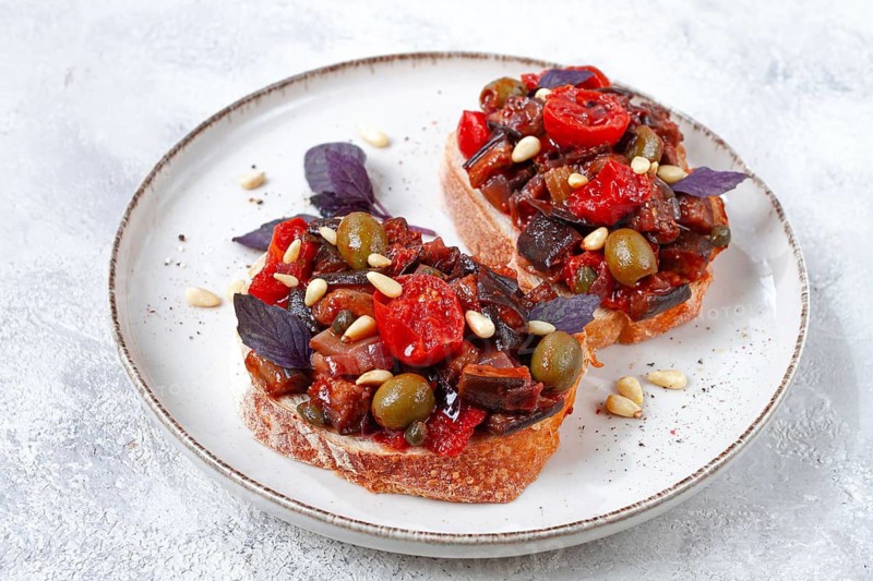 Sandwiches with Sicilian caponata, vegetable stew, Italian cuisine, homemade, no people