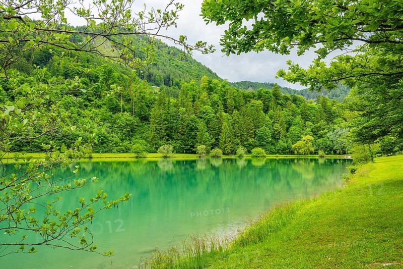 Landscape of Lake Elisabethsee on a rainy day in spring, Austria