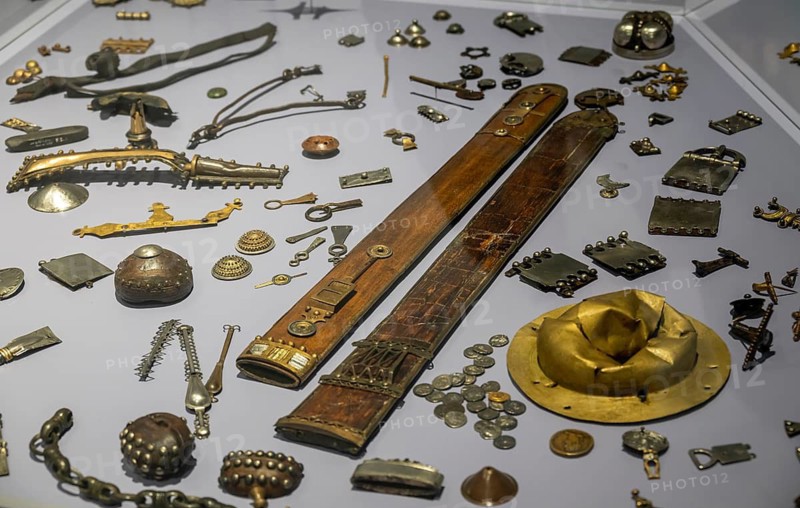 Various ancient Roman metal utensils, coins, buckles, sword sheath, Varus Battle Roman Museum Kalkriese, Bramsche, Lower Saxony, Germany