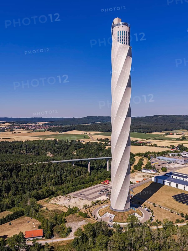 TK Elevator test tower Rottweil in Baden-Württemberg. 246 meter high elevator test tower for express and high-speed elevators with Germany's highest viewing platform at 232 meters above sea level. Rottweil, Baden-Württemberg, Germany