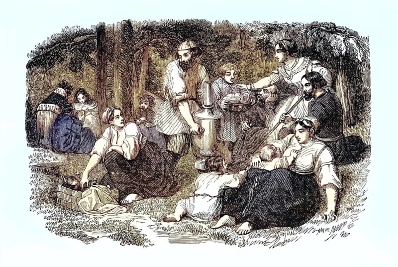 Illustration from the 19th century depicts a traditional Russian picnic of the middle classes. At the center of the scene is a large samovar. To the right, a man relaxes while smoking pipes while woman and children sit on the floor, handing out pastries, dumplings, sushi and fetching supplies from a picnic basket, illustration, reproduction of a 19th-century model. Authentic, file restored for optimal use, exact date of original unknown, historical, colored