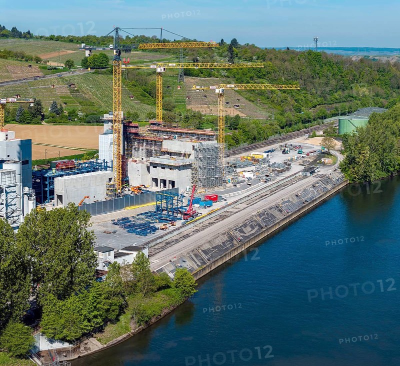 Decommissioned Energie Baden-Württemberg EnBW power plant in Walheim. The former coal-fired power plant is to be converted into an incineration plant for sewage sludge. aerial view. Walheim, Baden-Württemberg, Germany