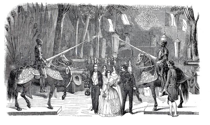 Solemn ceremony or official reception from the 19th century at which a wedding party or a high-ranking couple takes centre stage. Vincennes Castle (Château de Vincennes, Bal au château de Vincennes on 5 July 1847, given by Antoine d'Orléans, the Duke of Montpensier and his newlywed Spanish woman Luisa Fernanda, illustration, reproduction from a 19th century original. Authentic, file restored for optimal use, exact date of original unknown, Historical