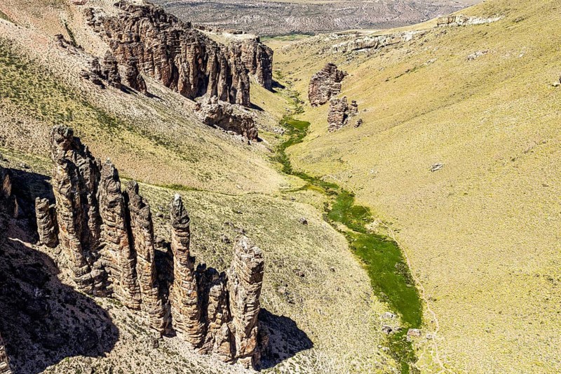 Hiking path from Valle Lunar to Piedra Clavada rock formation, Park Jeinimeni, section of Park Patagonia, aerial view, Patagonia, Chile