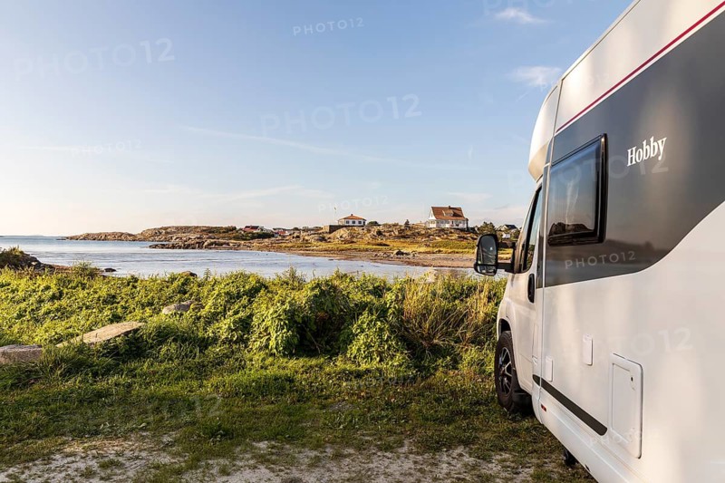Mobile home with a view of the west coast sea and archipelago, North Sea near Lerkil, Hallands län, Sweden