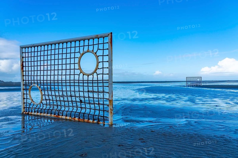 Football pitch, football field, Tor tor, on the beach, tidal creek, in the west of Borkum, island, East Frisia, winter, season, autumn, Lower Saxony, Germany