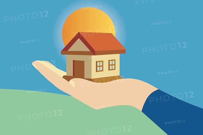 This illustration depicts a small house delicately balanced in an open hand against a vivid sunset background symbolizing the potential of real estate