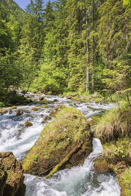Flowing water of the Schwarzbach creek, Golling Waterfall, Golling an der Salzach