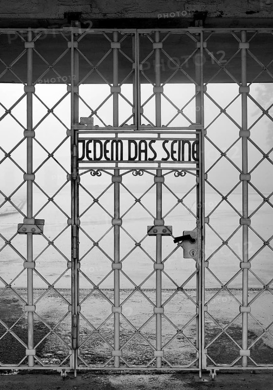 Tor tor to the beech forest concentration camp with the slogan Jedem das Seine on the entrance gate, Weimar, Thuringia, Germany