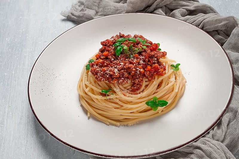 Spaghetti Bolognese, top view, close-up, no people, homemade