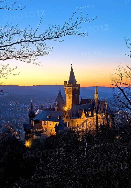 Atmospheric view of the illuminated Wernigerode Castle in the evening, Harz Mountains, Saxony-Anhalt, Germany