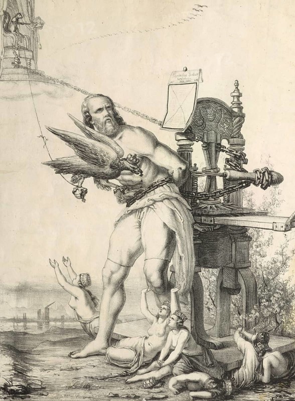 Karl Marx as a bound Prometheus Caricature relating to the ban on the Rheinische Zeitung in 1843, Germany Karl Marx (5 May 1818 - 14 March 1839) was one of the most important German social theorists, economists, journalists and writers. He is regarded as one of the most important critics of capitalism. His most important work 'Das Kapital' became world-famous. He influenced numerous political movements as well as history, economics and political science to this day. Historical, 19th century. Together with Friedrich Engels, he became one of the most influential theorists of socialism and communism