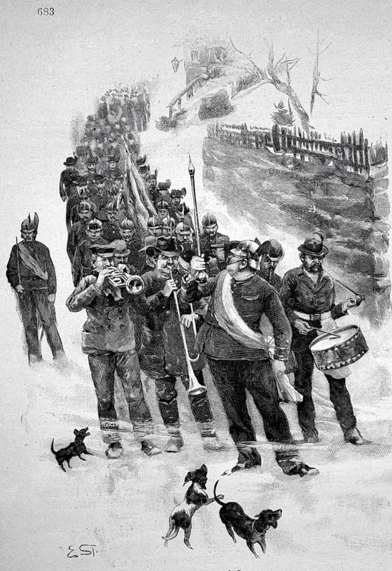 Fire brigade parade in 1889, here in Herrnskretschen, today Hrensko, Czech Republic, Historic, digitally restored reproduction of an original 19th century pattern, exact original date unknown