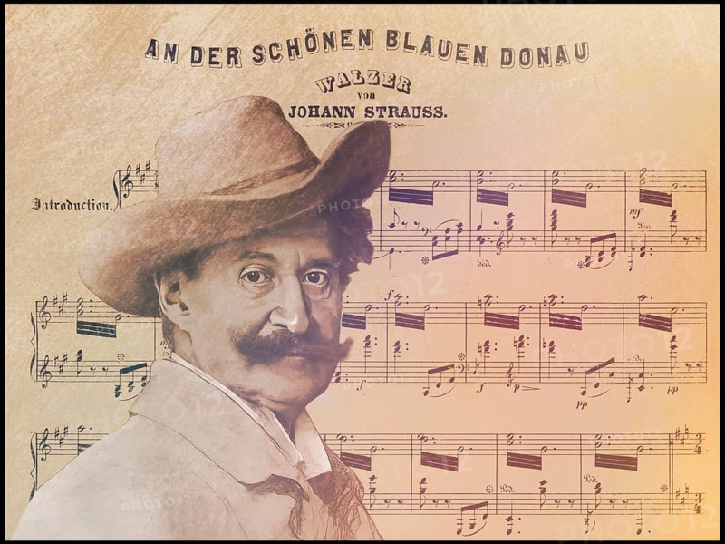 Johann Baptist Strauss II, 1825 – 1899, Austrian composer and violinist, 1879, digitally edited according to an illustration by Leopold Horovitz, notesheet from „The Blue Danube“