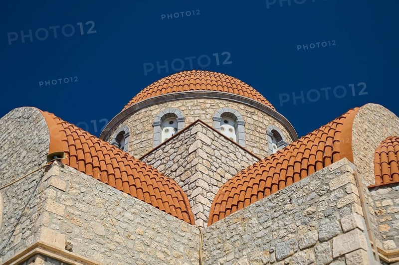 Agiou Sarvas monastery, Agion Pandon church, close-up of a stone church dome under clear sky, Pothia, main town, port, Kalymnos, Sponge Diving Island, Dodecanese, Greek Islands, Greece