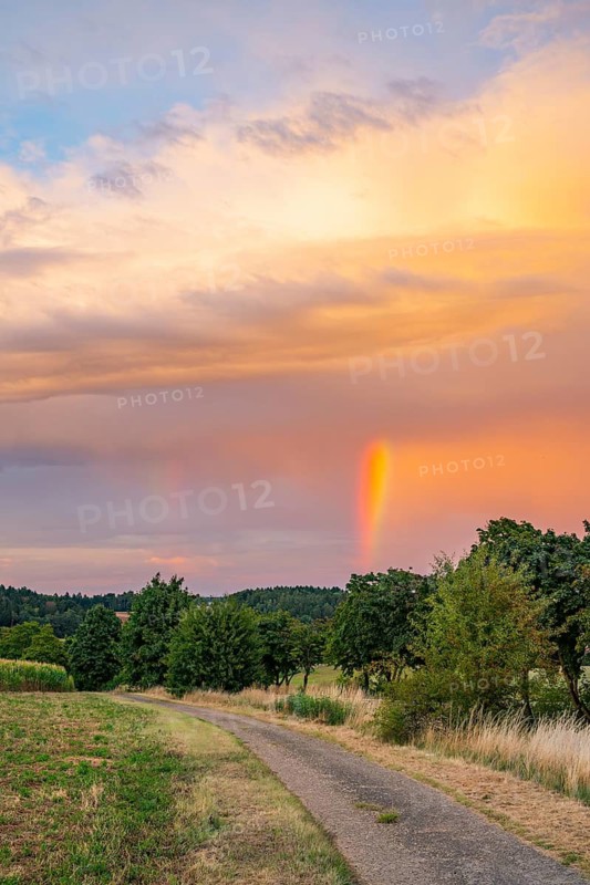 Rainbow in the sky at evening light over a walking parth in an agricultural landscape, Upper Palatinate, Bavaria, Germany