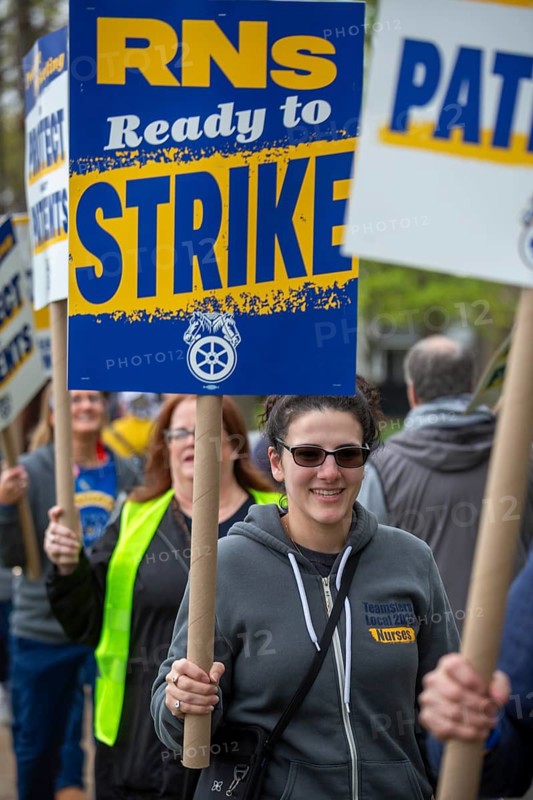 Dearborn, Michigan USA - 29 April 2026 - Teamster nurses 'practice picket' at Corewell Health East. The nurses voted by a 90 percent margin to authorize a strike as they fight for their first union contract. Their main issues are staffing, wages, health insurance, and workplace safety