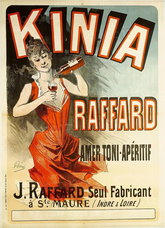 Advertising poster, beverage advertisement, poster Kinia Raffard by Jules Chéret from 1888 depicting a woman in a red dress pouring an aperitif, Amer Toni aperitif, a bitter, toning aperitif, authentic reproduction of a historical advertising poster, advertising sign, in high resolution