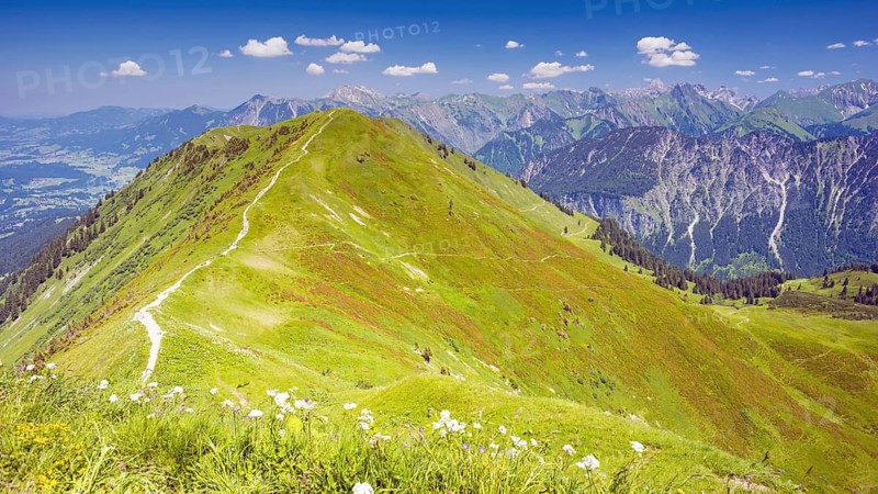 Panoramic hiking trail from Fellhorn, 2038m, to Soellereck, 1706m, Allgäu Alps, Bavaria, Germany