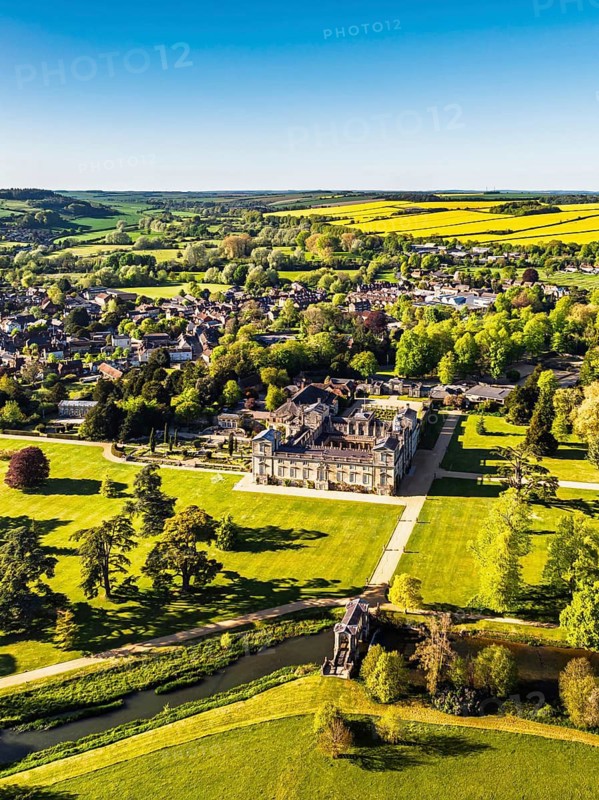 Wilton House from a drone, Wilton, River Nadder, Salisbury, Wiltshire, England, United Kingdom