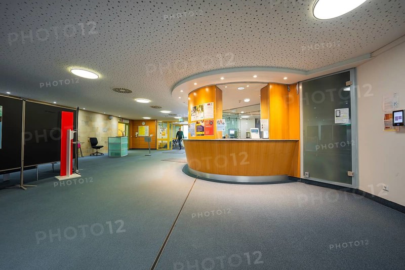 Modern reception with wooden paneling and glass details, Nagold Hospital of the Southwest Clinic Network, Calw District, Germany