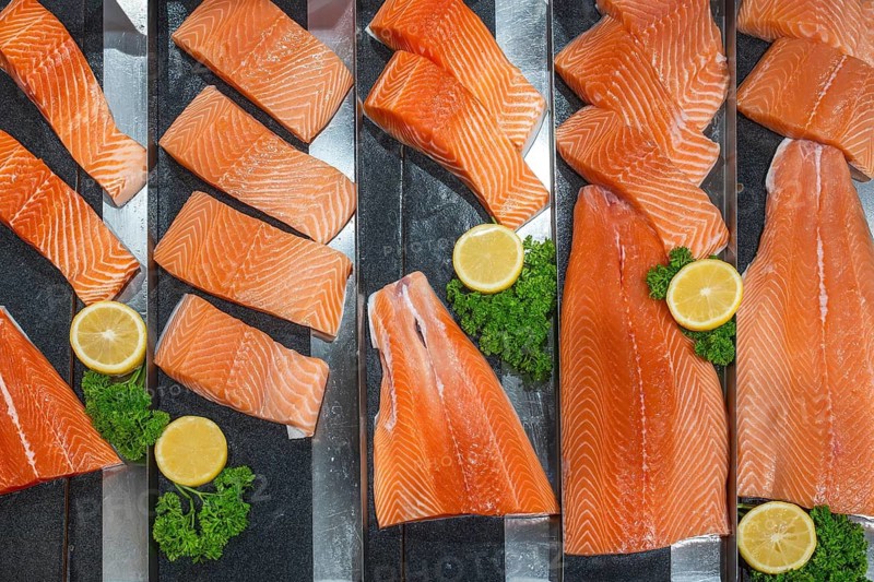 Salmon fillet sales rack, Bangkok, Thailand
